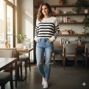 GAP Black and White Striped Crew Neck Sweater